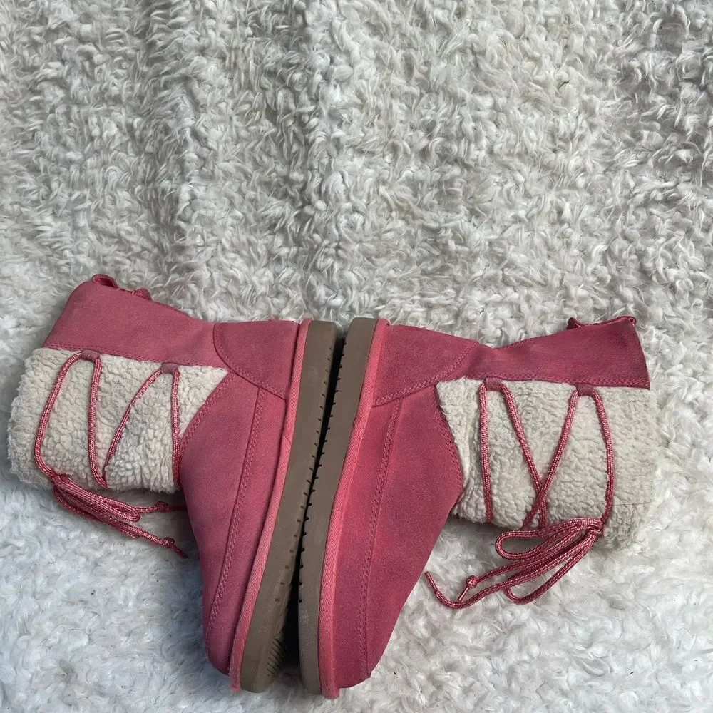Kookaburra by UGG leather pink Girl winter boots beige fur lace up accent SZ3